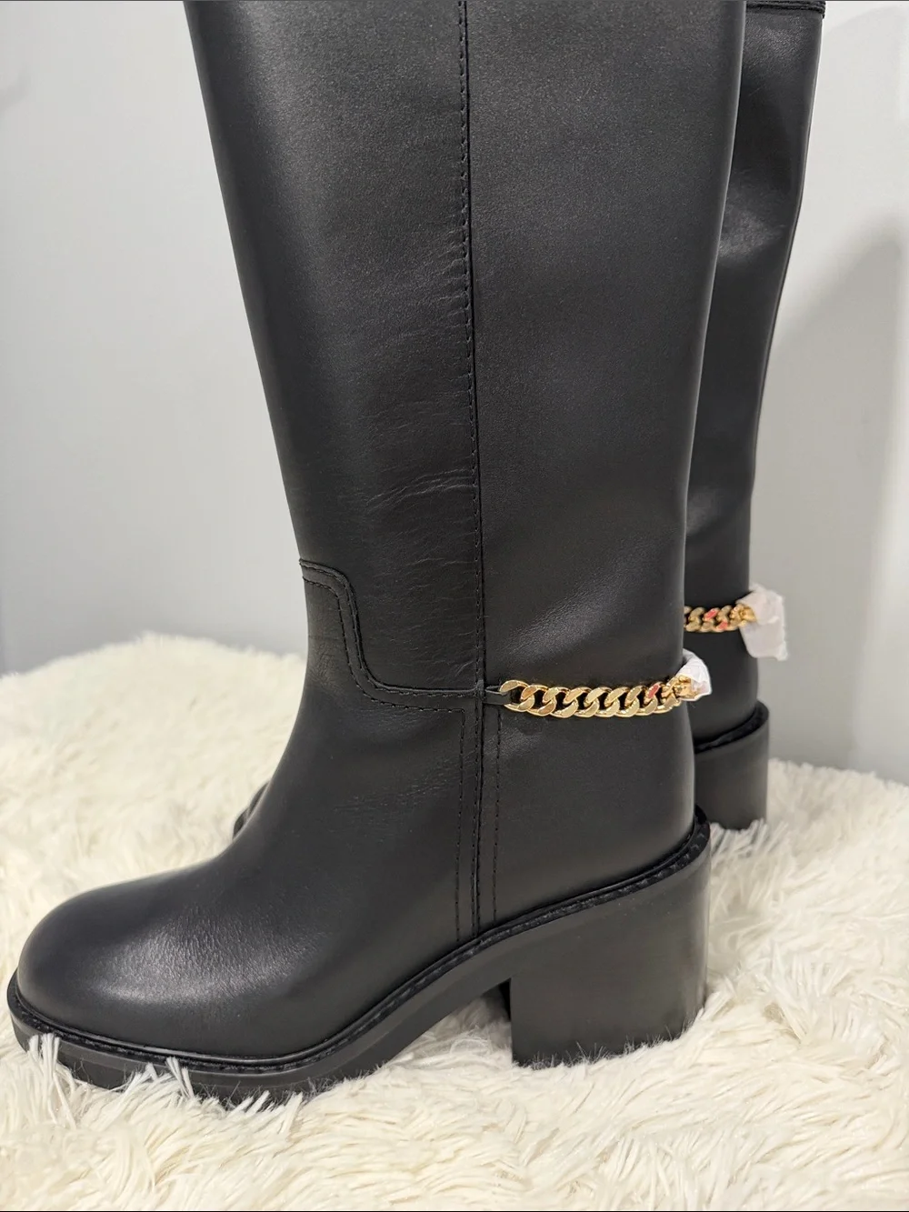 MICHAEL Michael Kors Black Leather Over-the-Knee Boots with Gold Chain Accent